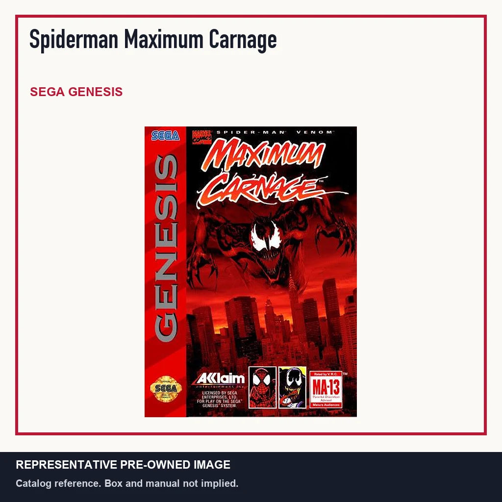 Representative pre-owned Spiderman Maximum Carnage (Sega Genesis), minimal product layout.