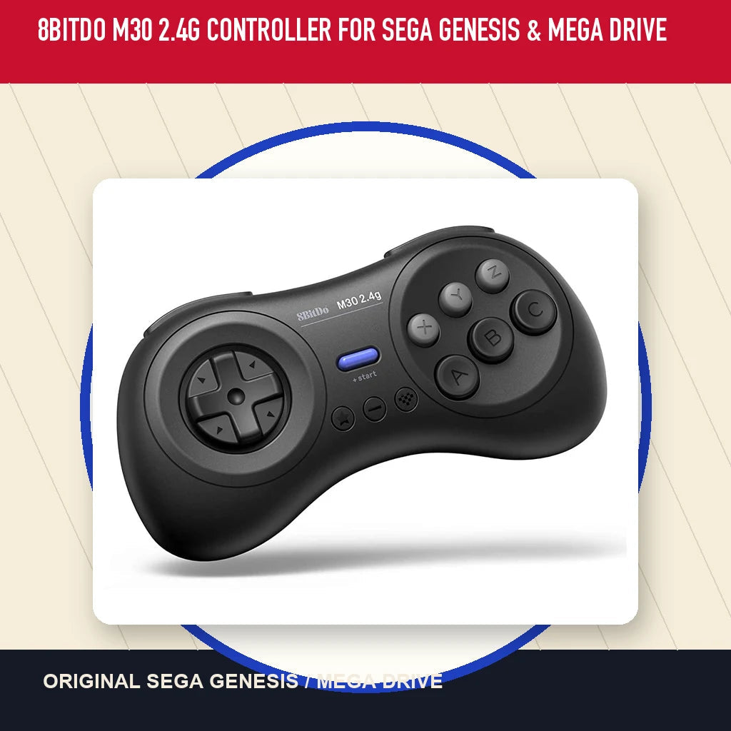 8BitDo M30 2.4G Controller for Sega Genesis & Mega Drive in a minimal catalog layout