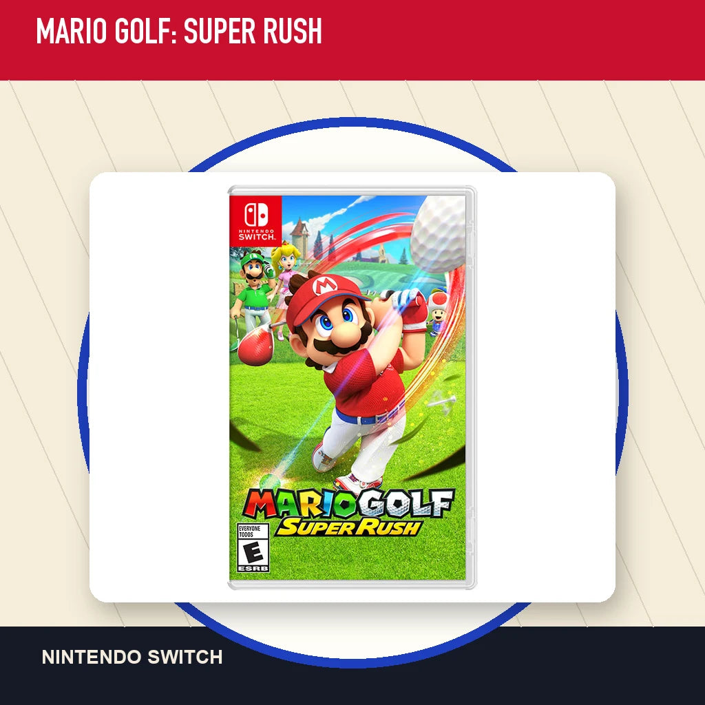 Mario Golf: Super Rush physical game cover in a minimal catalog layout