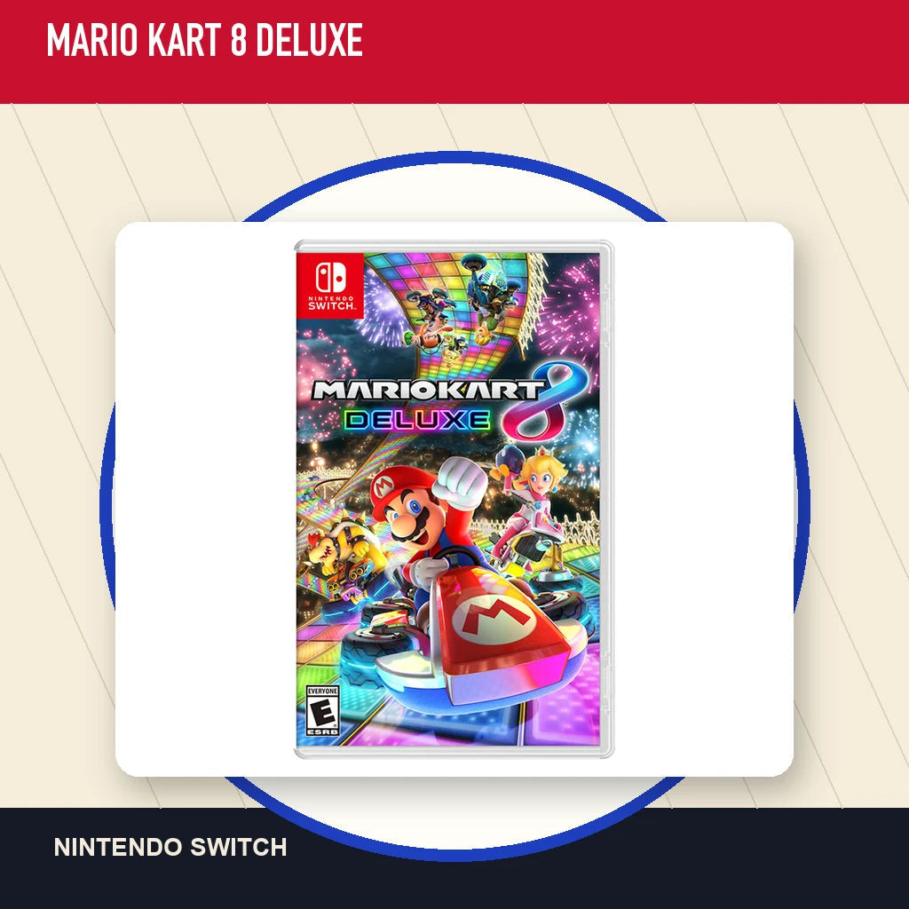 Mario Kart 8 Deluxe physical game cover in a minimal catalog layout