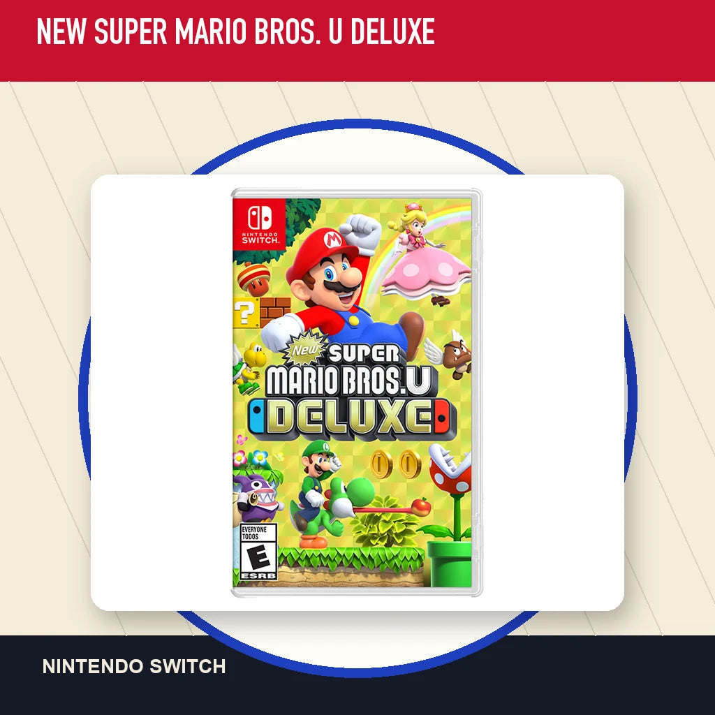 New Super Mario Bros. U Deluxe physical game cover in a minimal catalog layout