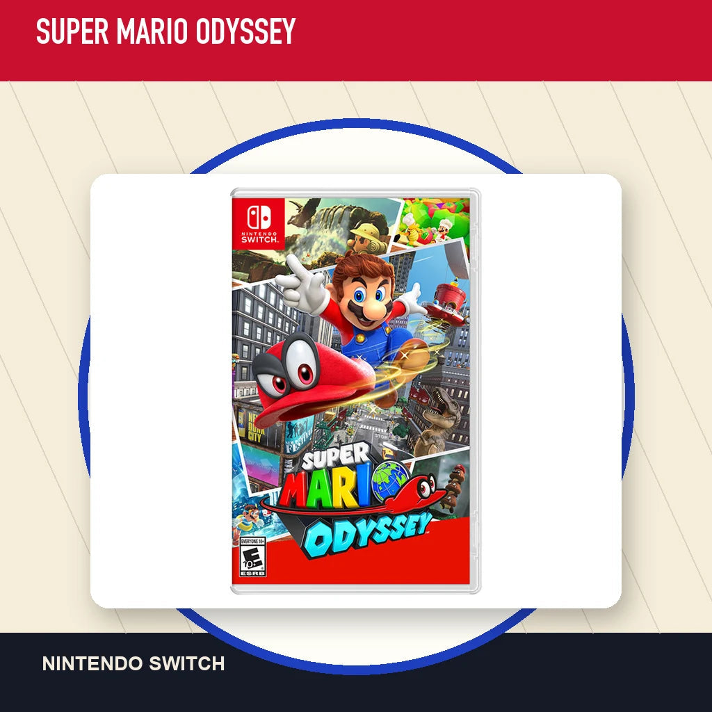 Super Mario Odyssey physical game cover in a minimal catalog layout