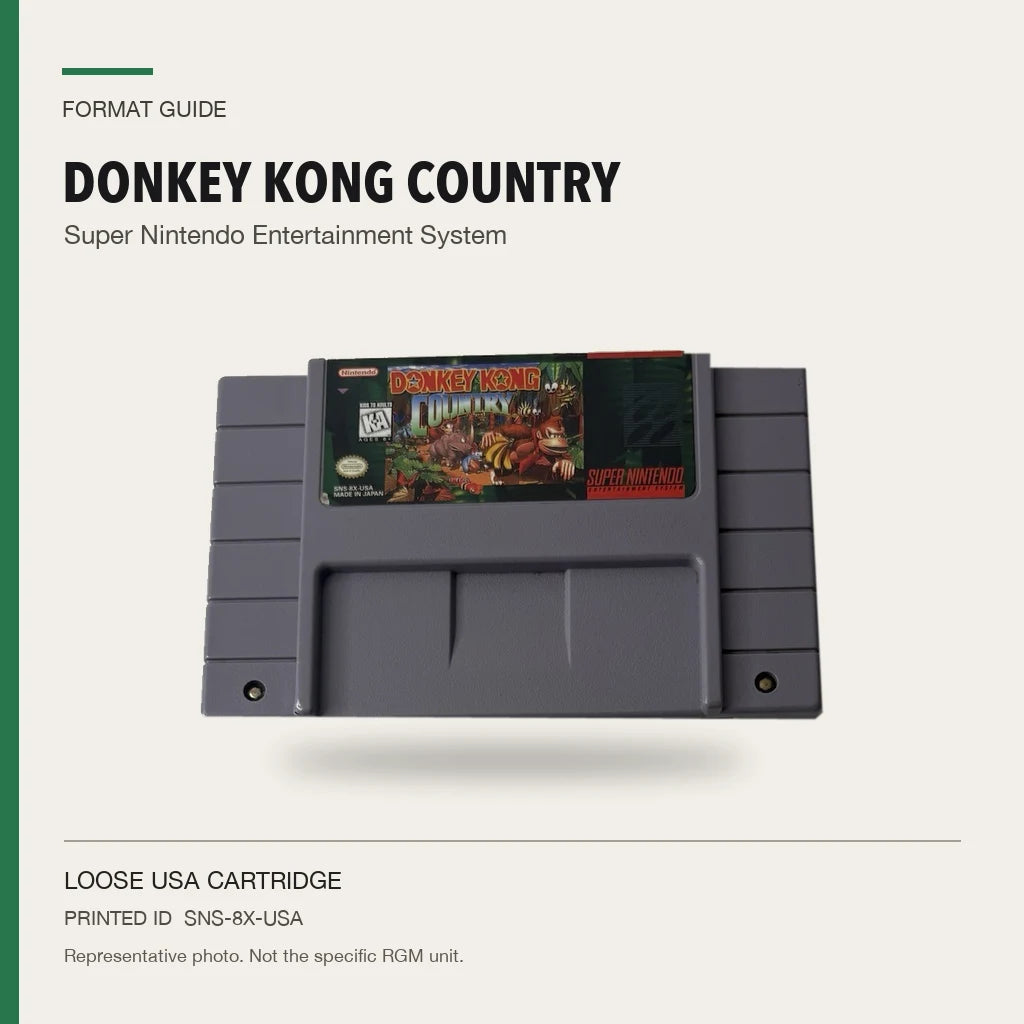 Representative Donkey Kong Country loose usa cartridge in a factual format guide, not the specific RGM unit