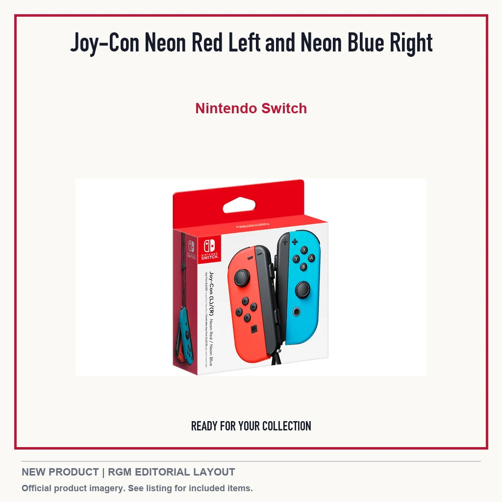 Joy-Con Neon Red Left and Neon Blue Right, minimal product presentation.