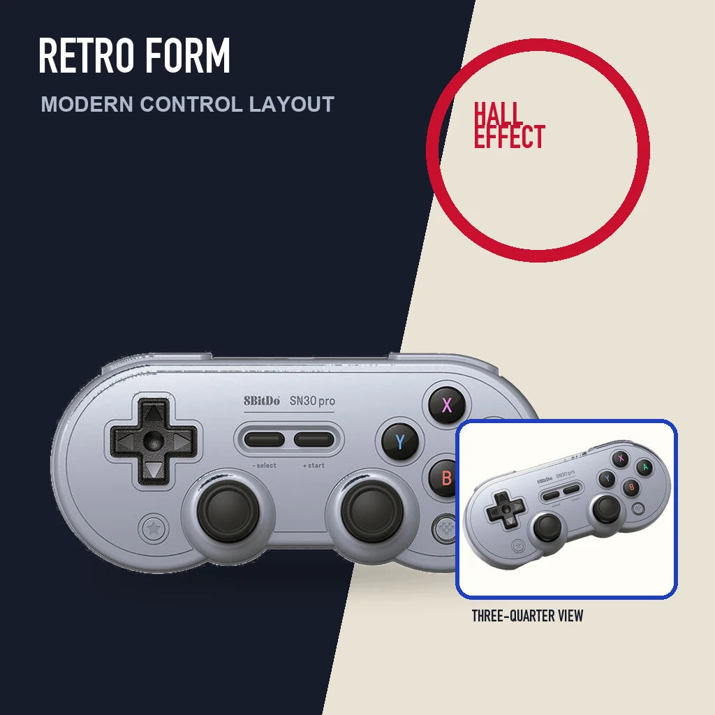 8BitDo SN30 Pro Hall Effect controller showing the front control layout and a three-quarter view.