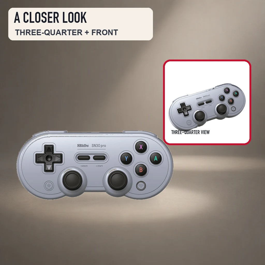 8BitDo SN30 Pro Hall Effect controller in gray, front view with a three-quarter detail.