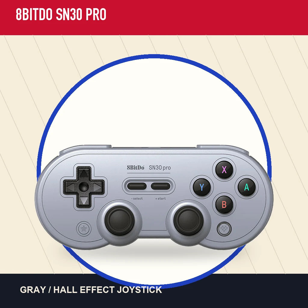 Gray 8BitDo SN30 Pro Hall Effect controller in a red, cream, and blue catalog layout.