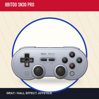 Gray 8BitDo SN30 Pro Hall Effect controller in a red, cream, and blue catalog layout.