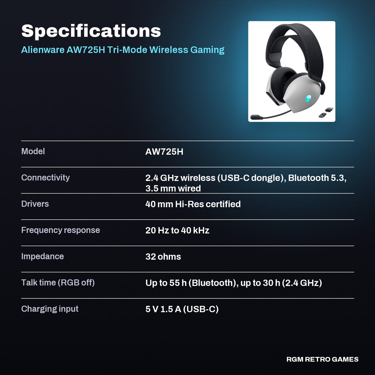 Alienware AW725H Tri-Mode Wireless Gaming Headset - Lunar Light specifications