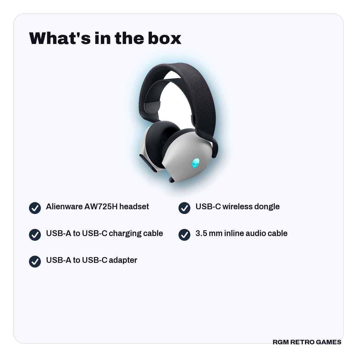 What's in the box with the Alienware AW725H Tri-Mode Wireless Gaming Headset - Lunar Light
