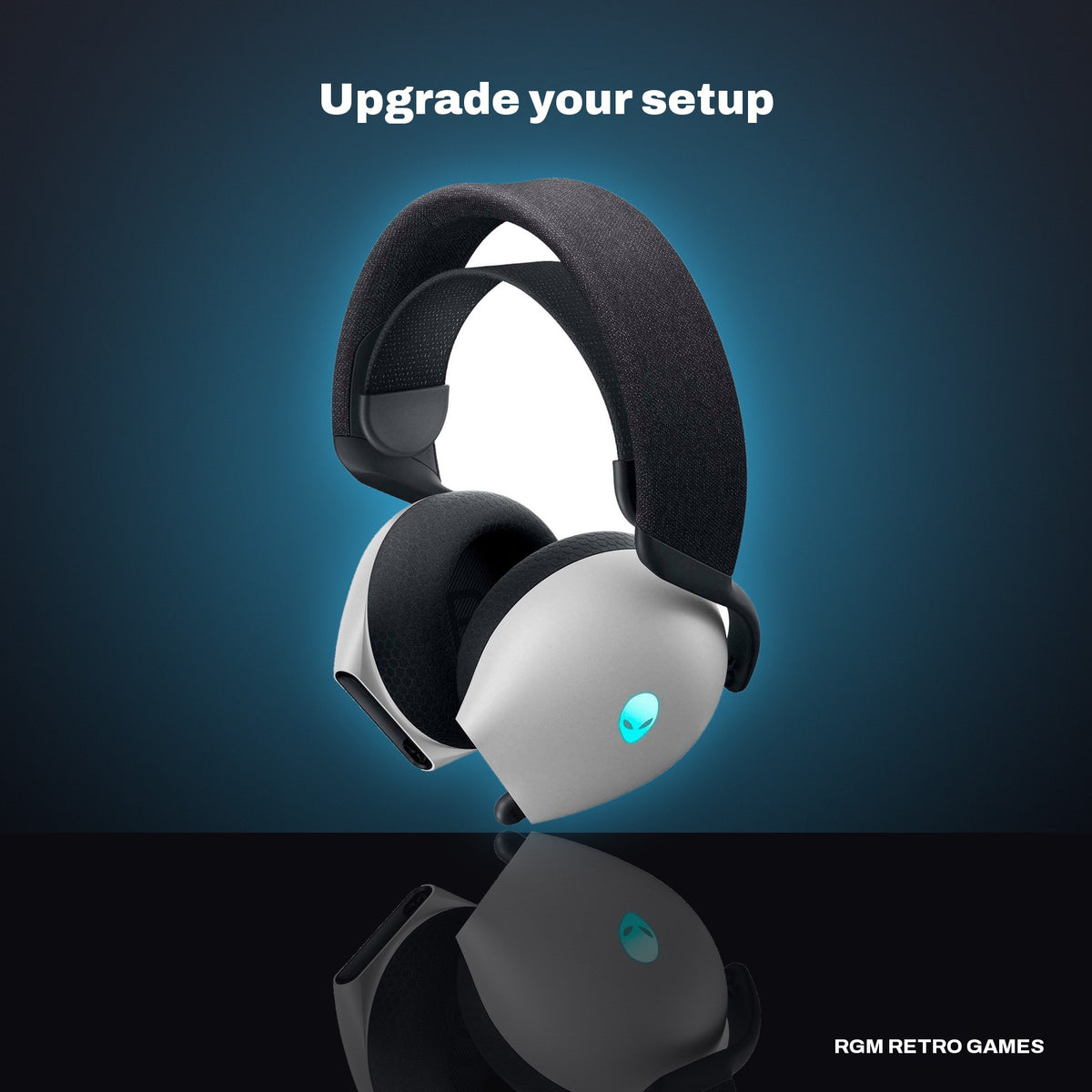 Alienware AW725H Tri-Mode Wireless Gaming Headset - Lunar Light in a dark studio setting