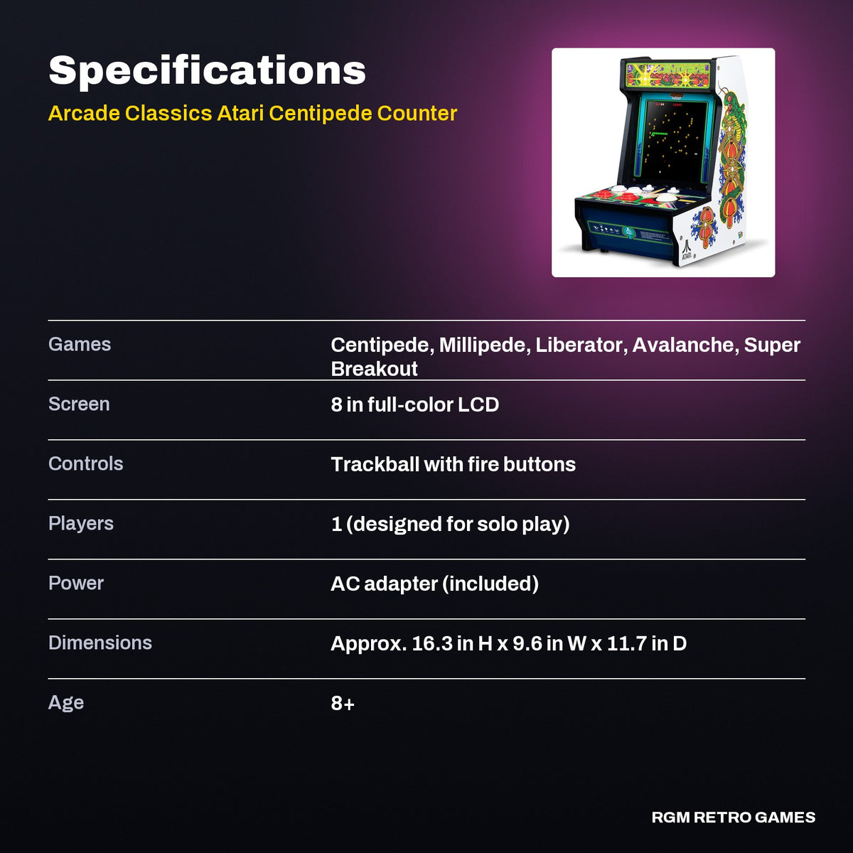Arcade Classics Atari Centipede Counter Series Arcade Game (8-inch screen, 5 games) specifications