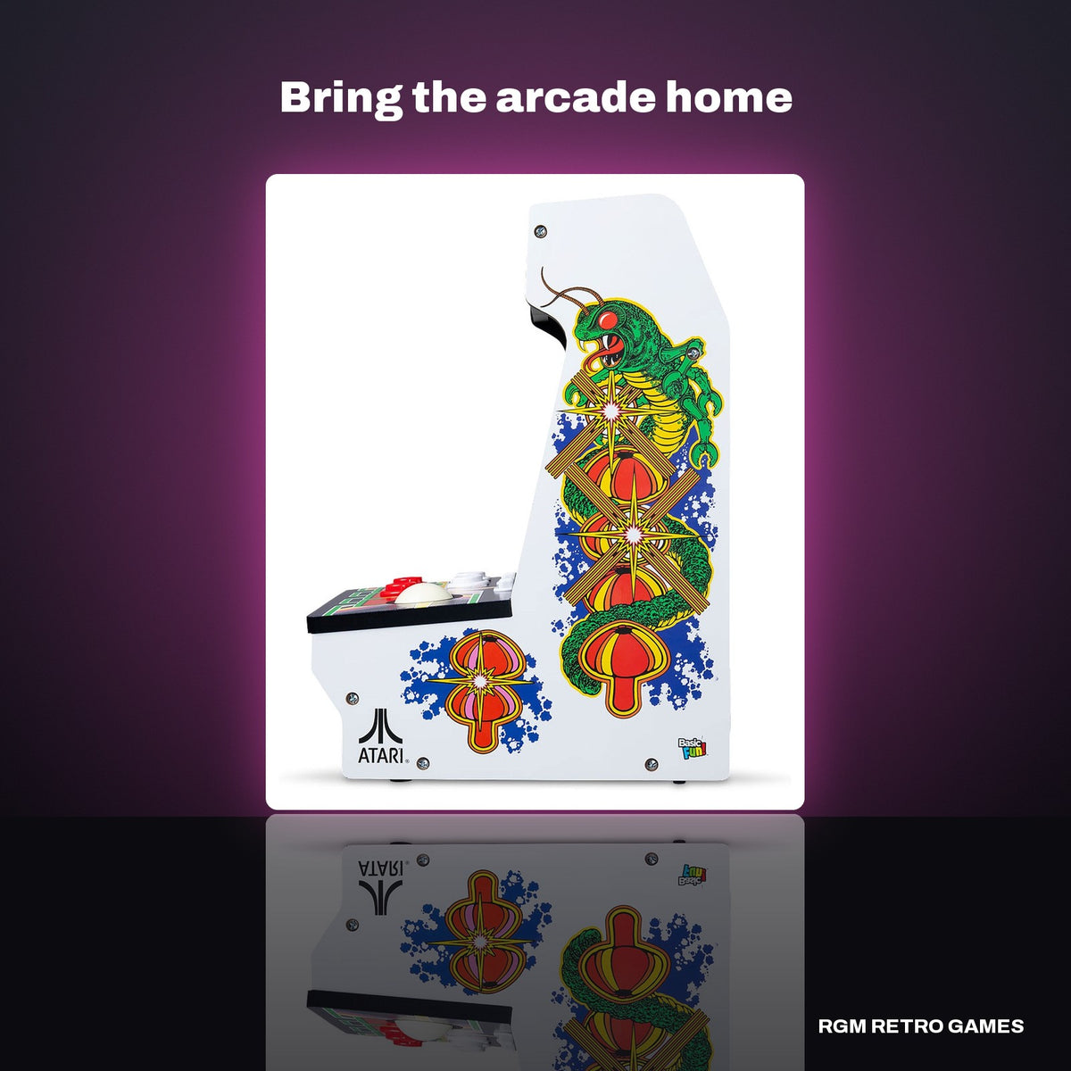 Arcade Classics Atari Centipede Counter Series Arcade Game (8-inch screen, 5 games) in a dark studio setting