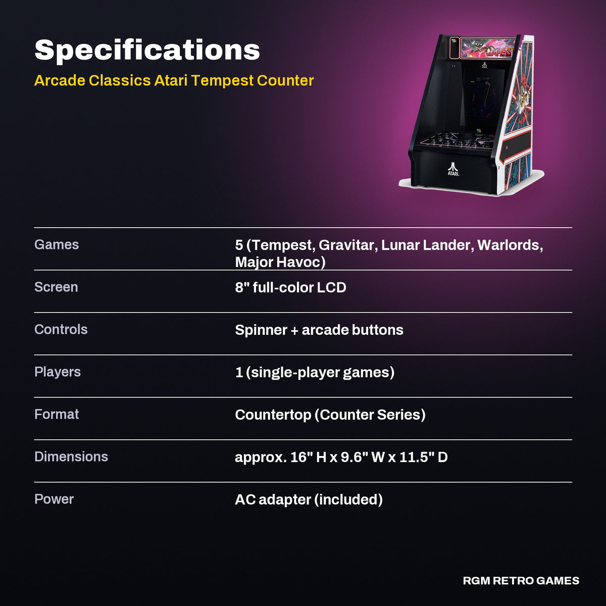 Arcade Classics Atari Tempest Counter Series Arcade Game specifications