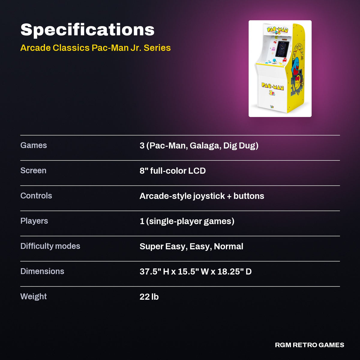Arcade Classics Pac-Man Jr. Series Arcade Game (Pac-Man Junior Arcade) specifications
