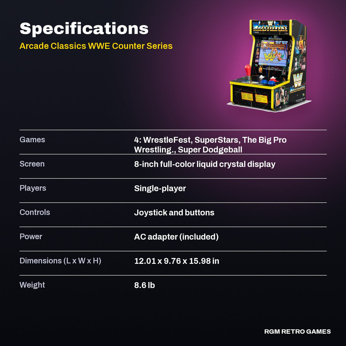 Arcade Classics WWE Counter Series Arcade Game with 8" Screen & 4 Games specifications