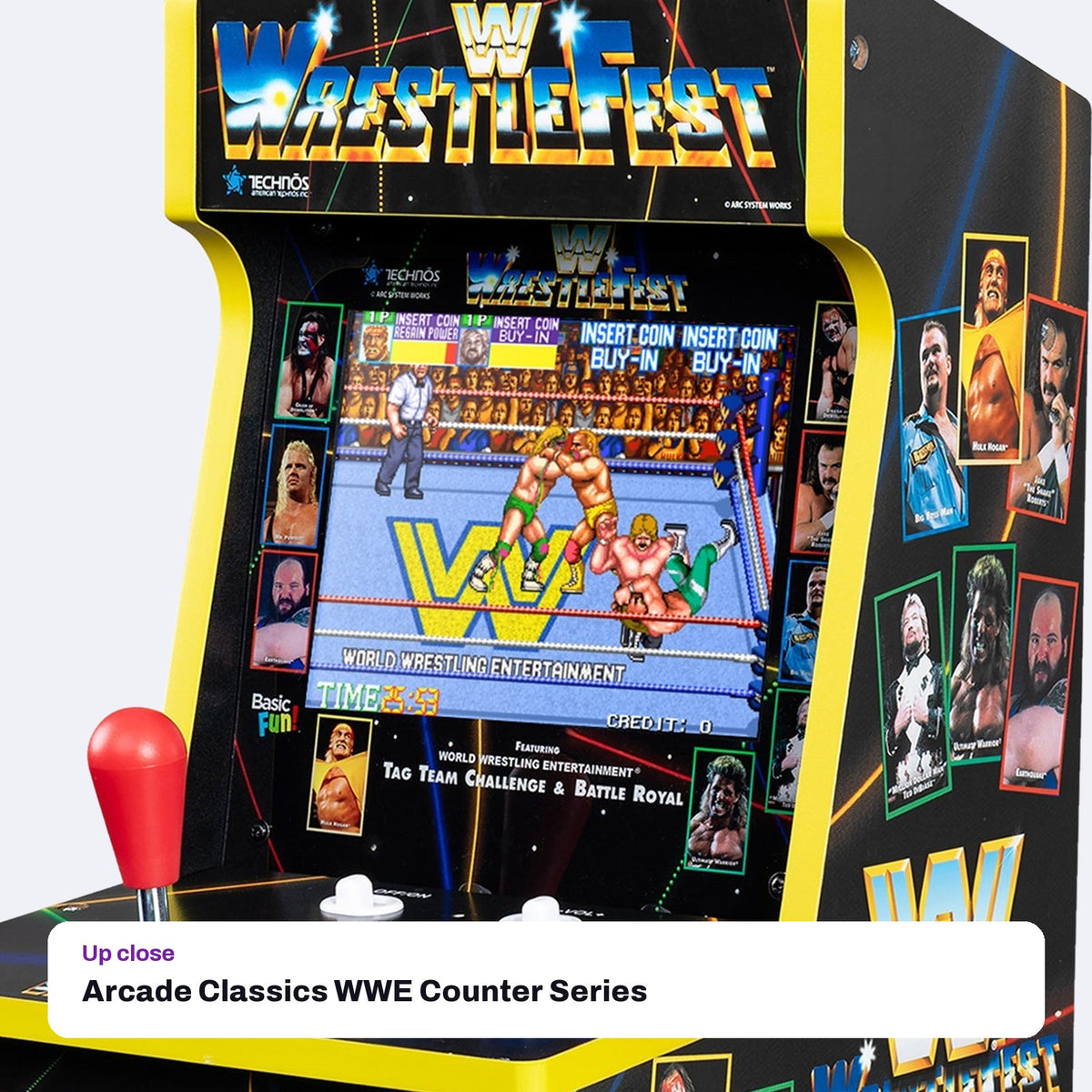 Arcade Classics WWE Counter Series Arcade Game with 8" Screen & 4 Games, close-up detail