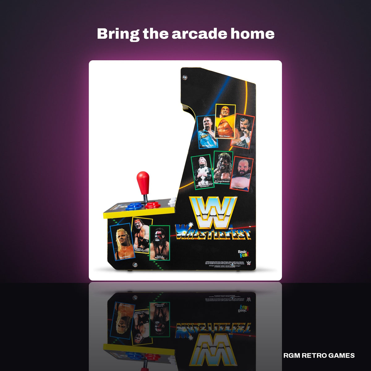 Arcade Classics WWE Counter Series Arcade Game with 8" Screen & 4 Games in a dark studio setting