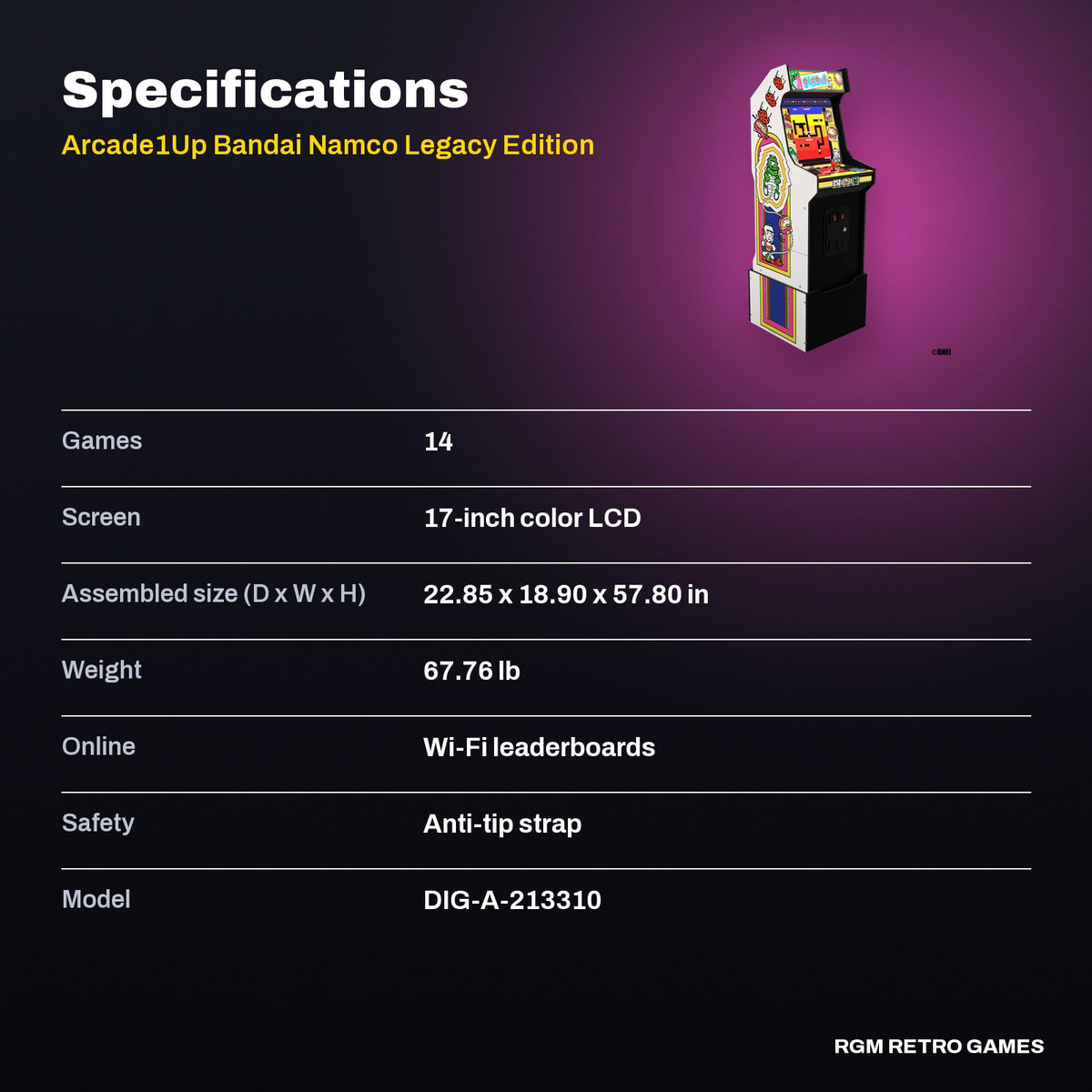 Arcade1Up Bandai Namco Legacy Edition Arcade Machine, Dig Dug Edition (14 Games) specifications
