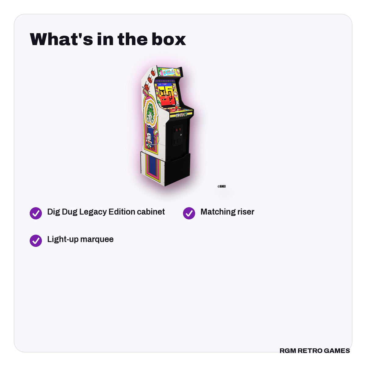 What's in the box with the Arcade1Up Bandai Namco Legacy Edition Arcade Machine, Dig Dug Edition (14 Games)