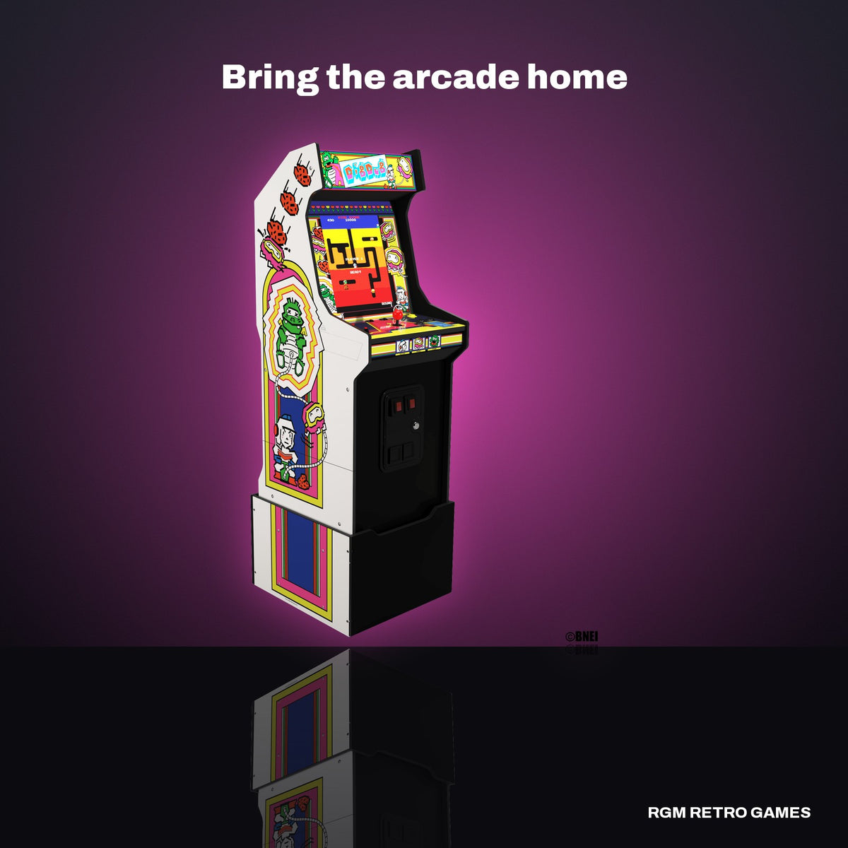 Arcade1Up Bandai Namco Legacy Edition Arcade Machine, Dig Dug Edition (14 Games) in a dark studio setting