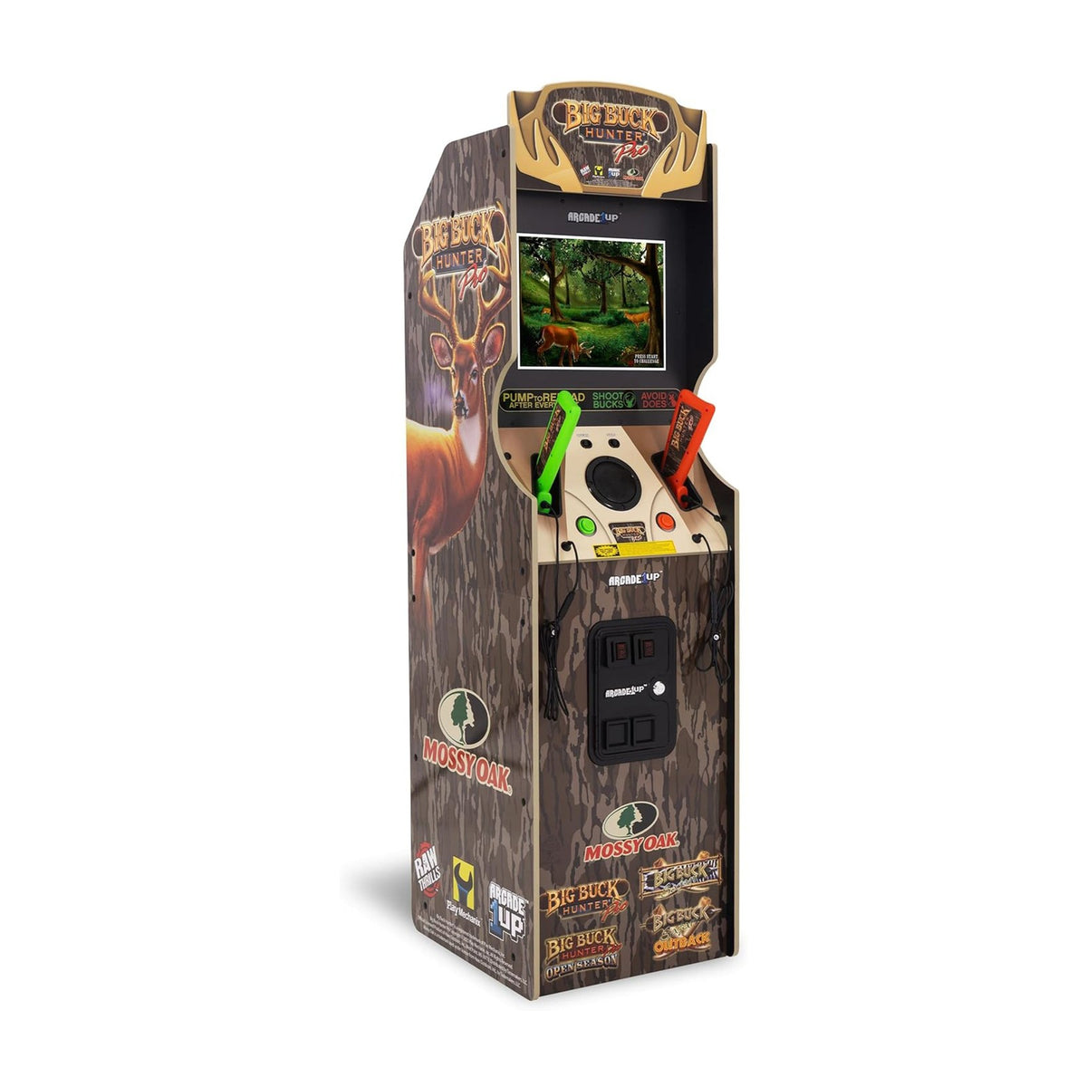 Arcade1Up Big Buck Hunter Mossy Oak Deluxe Arcade Machine, front view on a white background