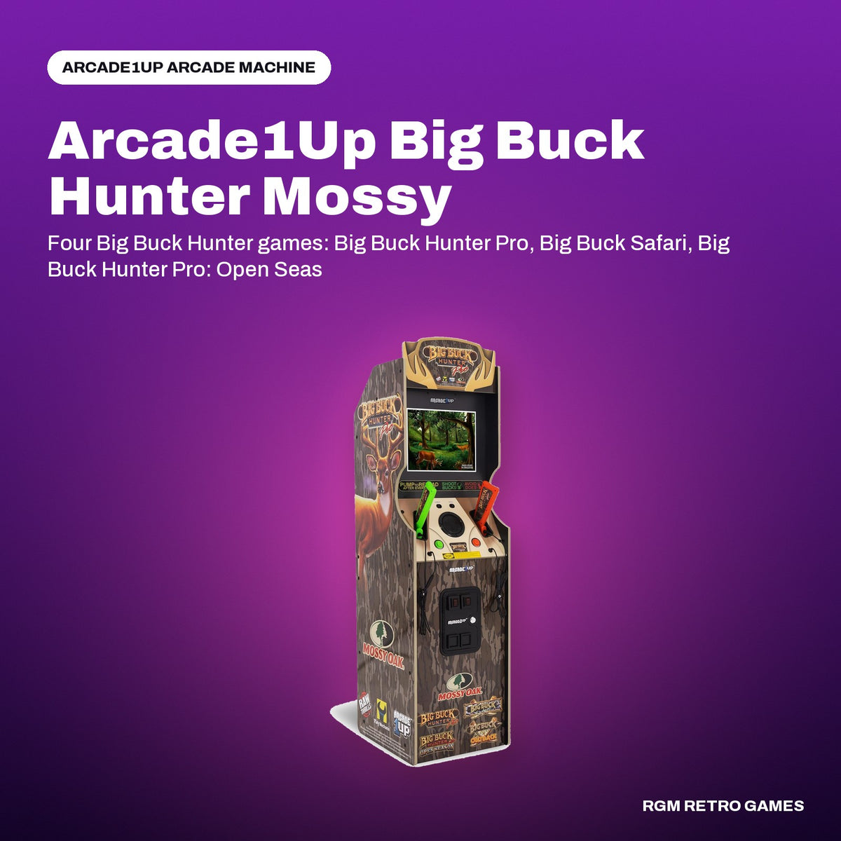Arcade1Up Big Buck Hunter Mossy Oak Deluxe Arcade Machine in a Arcade1Up color scene