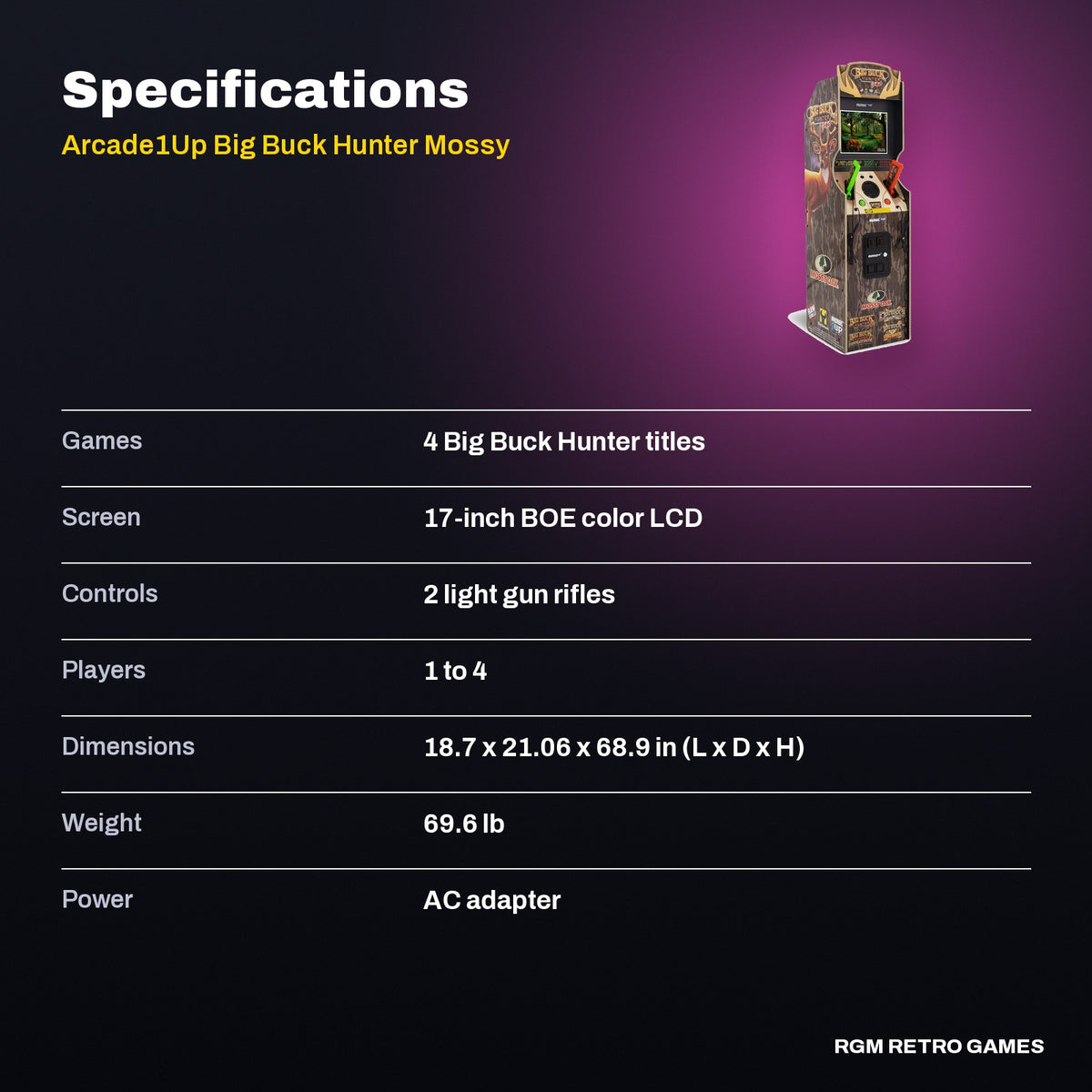 Arcade1Up Big Buck Hunter Mossy Oak Deluxe Arcade Machine specifications