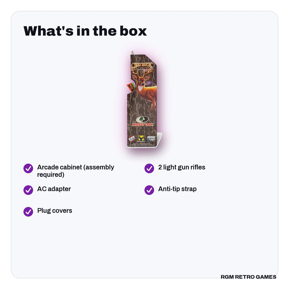What's in the box with the Arcade1Up Big Buck Hunter Mossy Oak Deluxe Arcade Machine