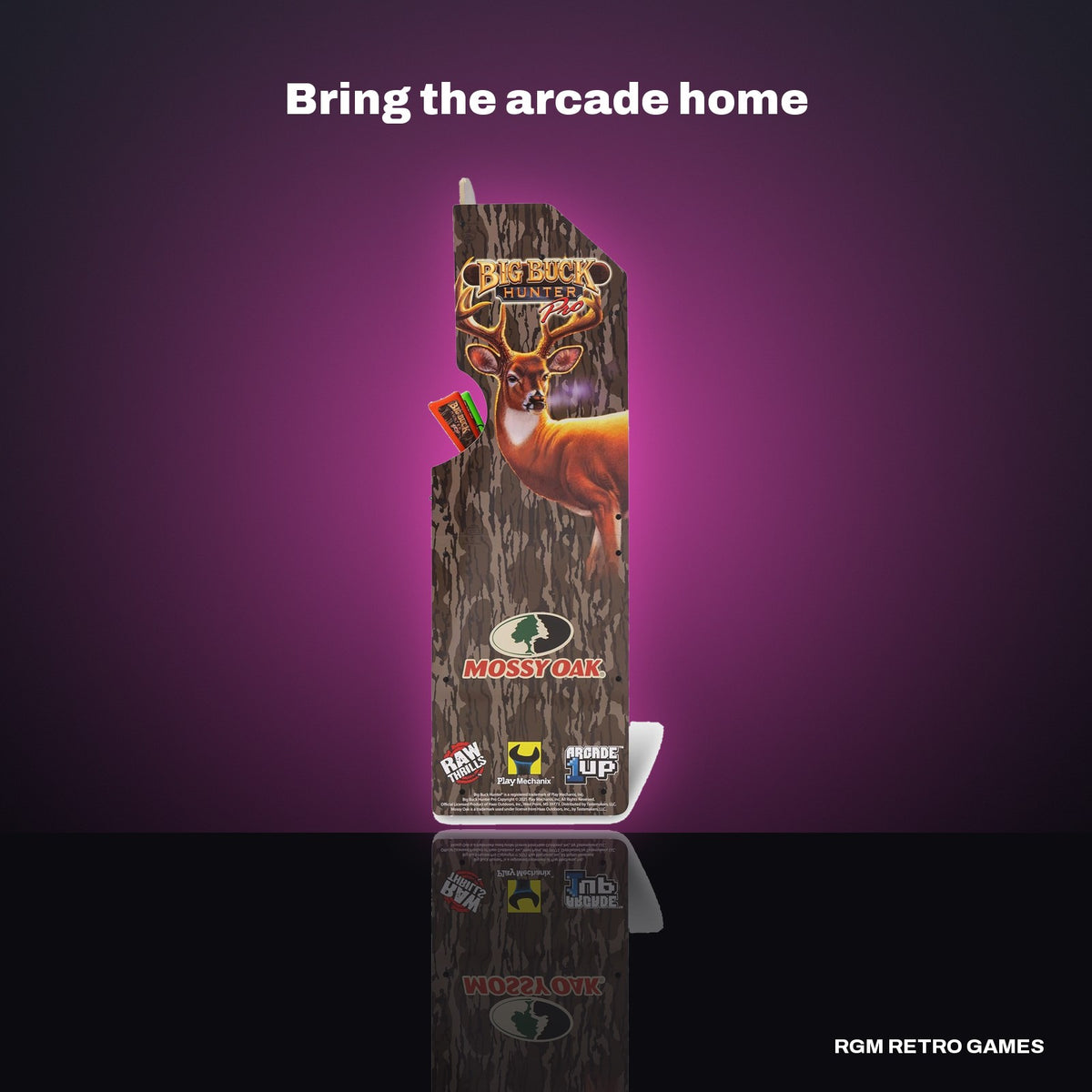 Arcade1Up Big Buck Hunter Mossy Oak Deluxe Arcade Machine in a dark studio setting