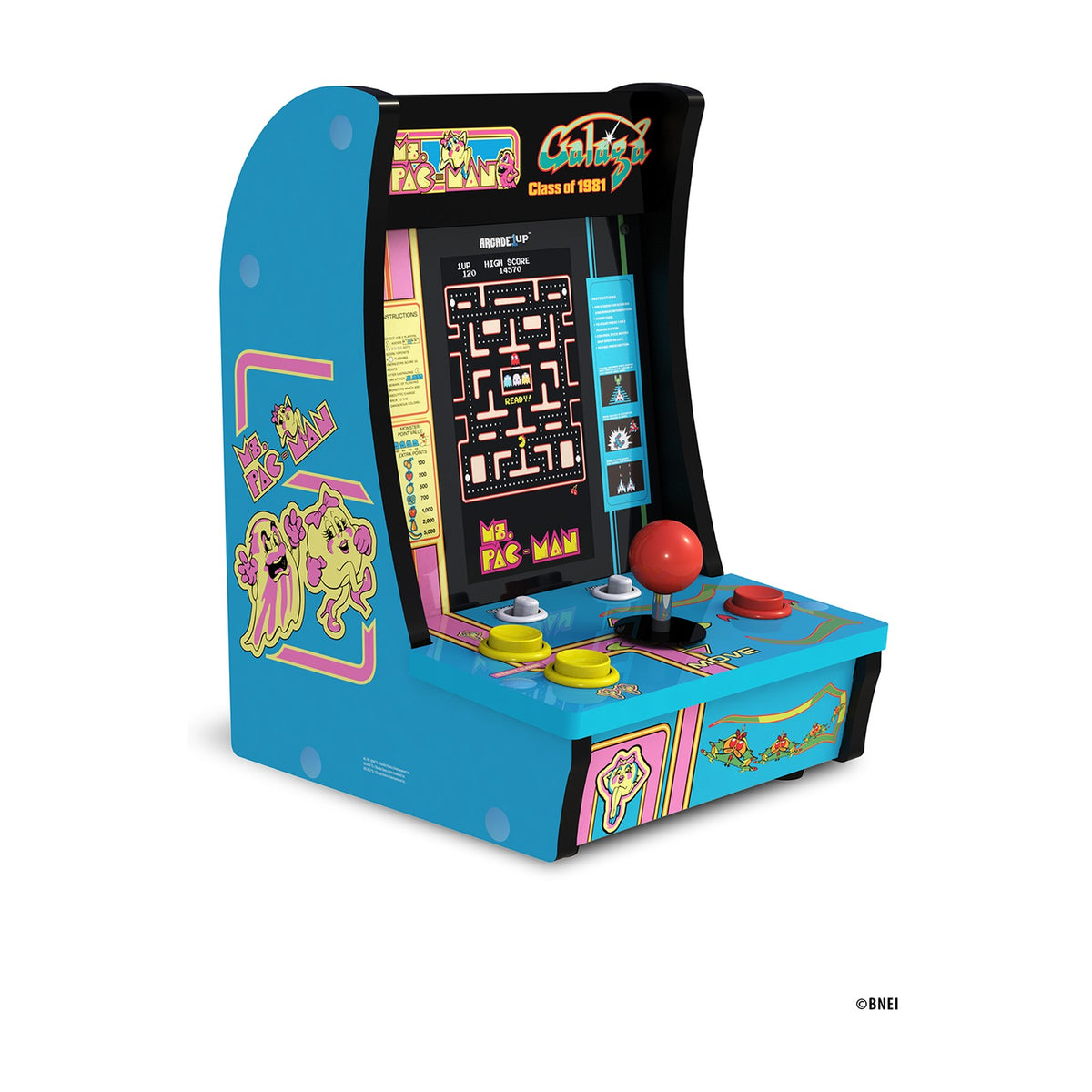 Arcade1Up Class of '81 Ms. PAC-MAN / GALAGA Countercade, front view on a white background