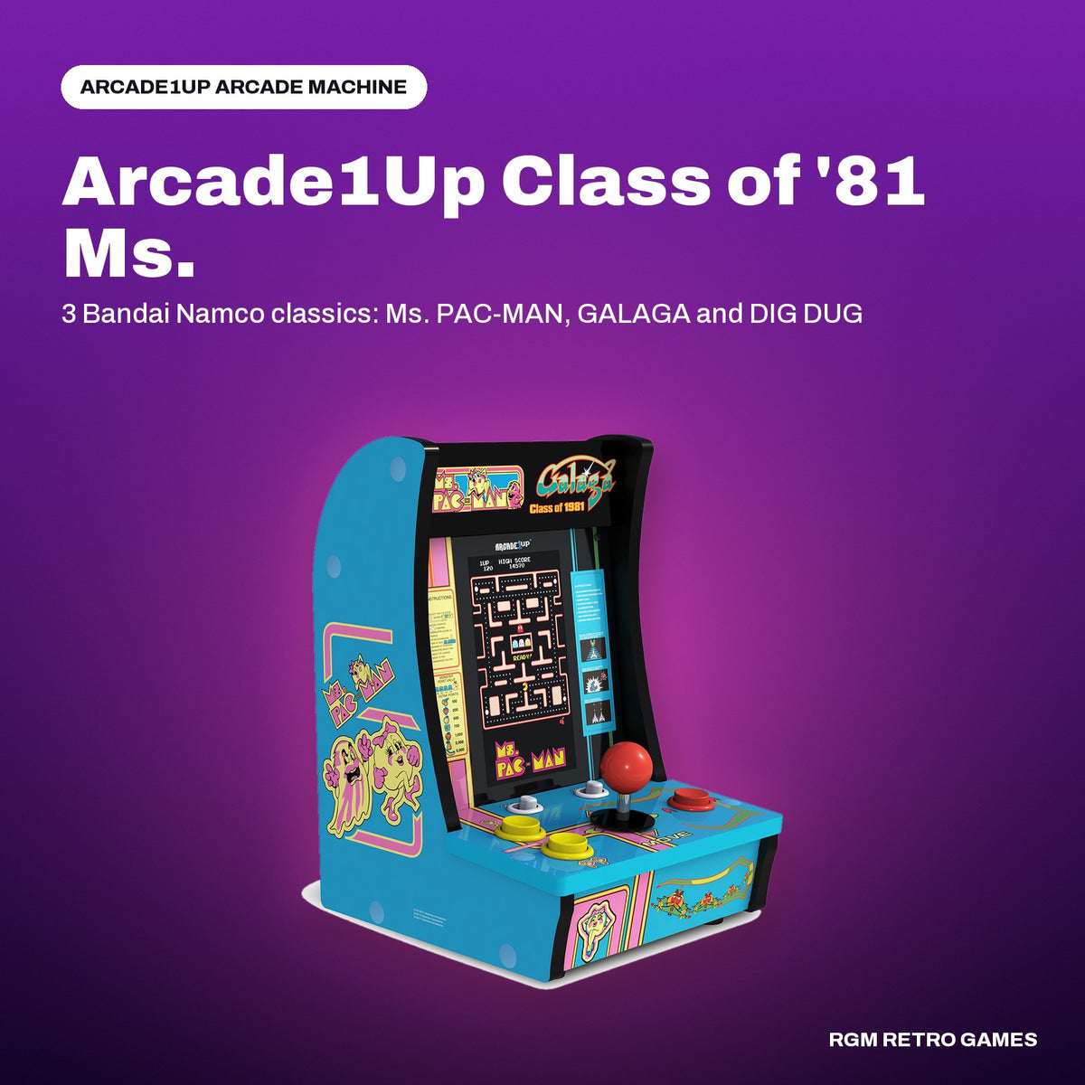 Arcade1Up Class of '81 Ms. PAC-MAN / GALAGA Countercade in a Arcade1Up color scene