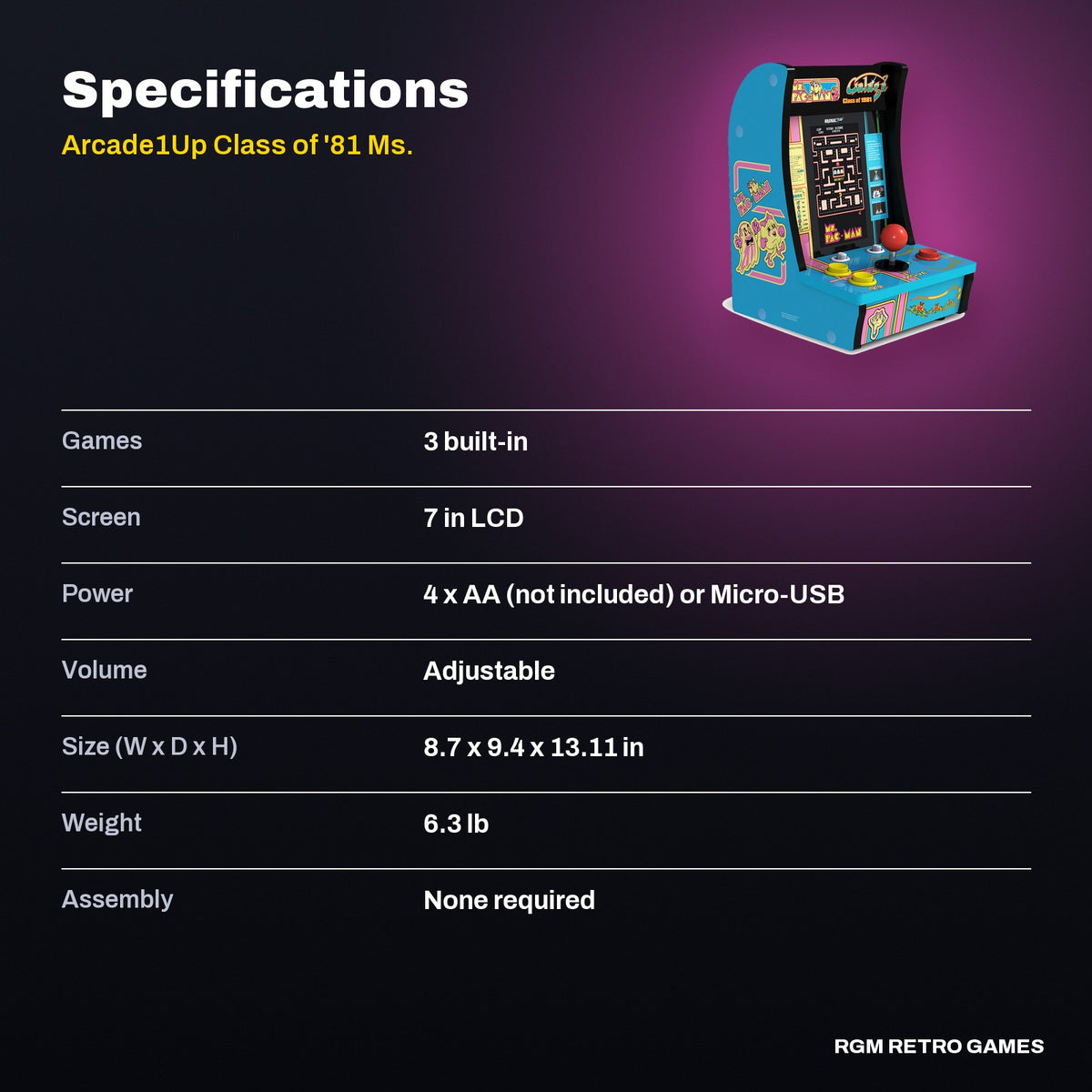 Arcade1Up Class of '81 Ms. PAC-MAN / GALAGA Countercade specifications