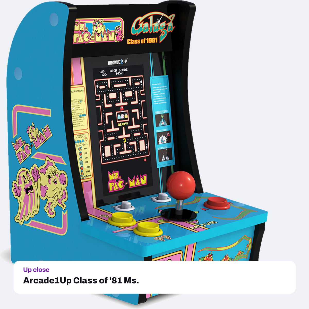 Arcade1Up Class of '81 Ms. PAC-MAN / GALAGA Countercade, close-up detail