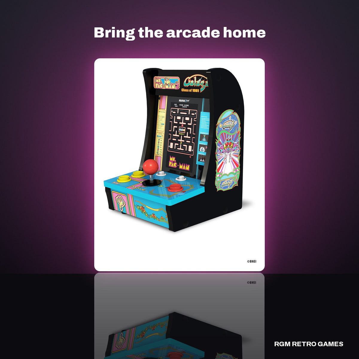 Arcade1Up Class of '81 Ms. PAC-MAN / GALAGA Countercade in a dark studio setting