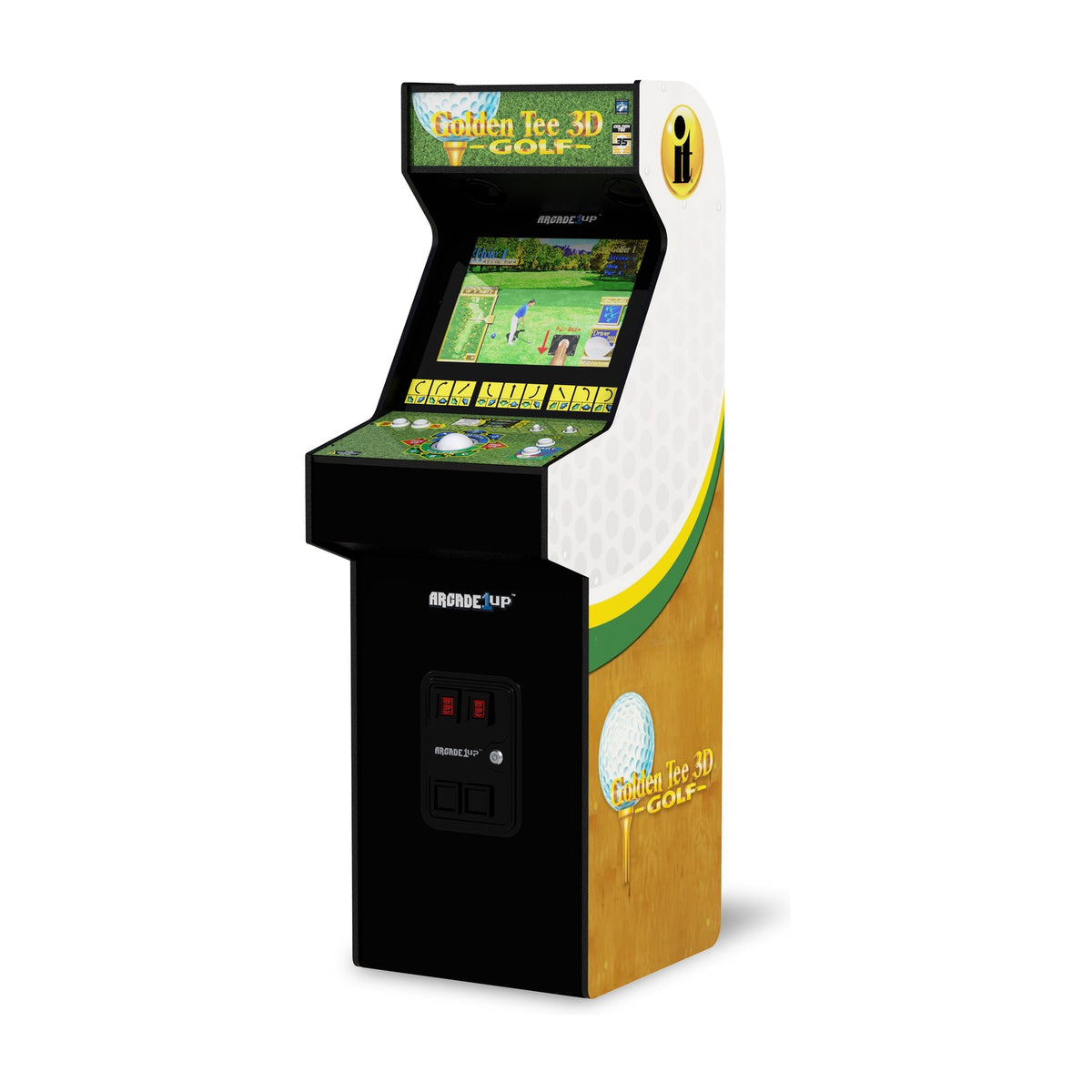 Arcade1Up Golden Tee 3D 35th Anniversary Deluxe Arcade Machine, front view on a white background