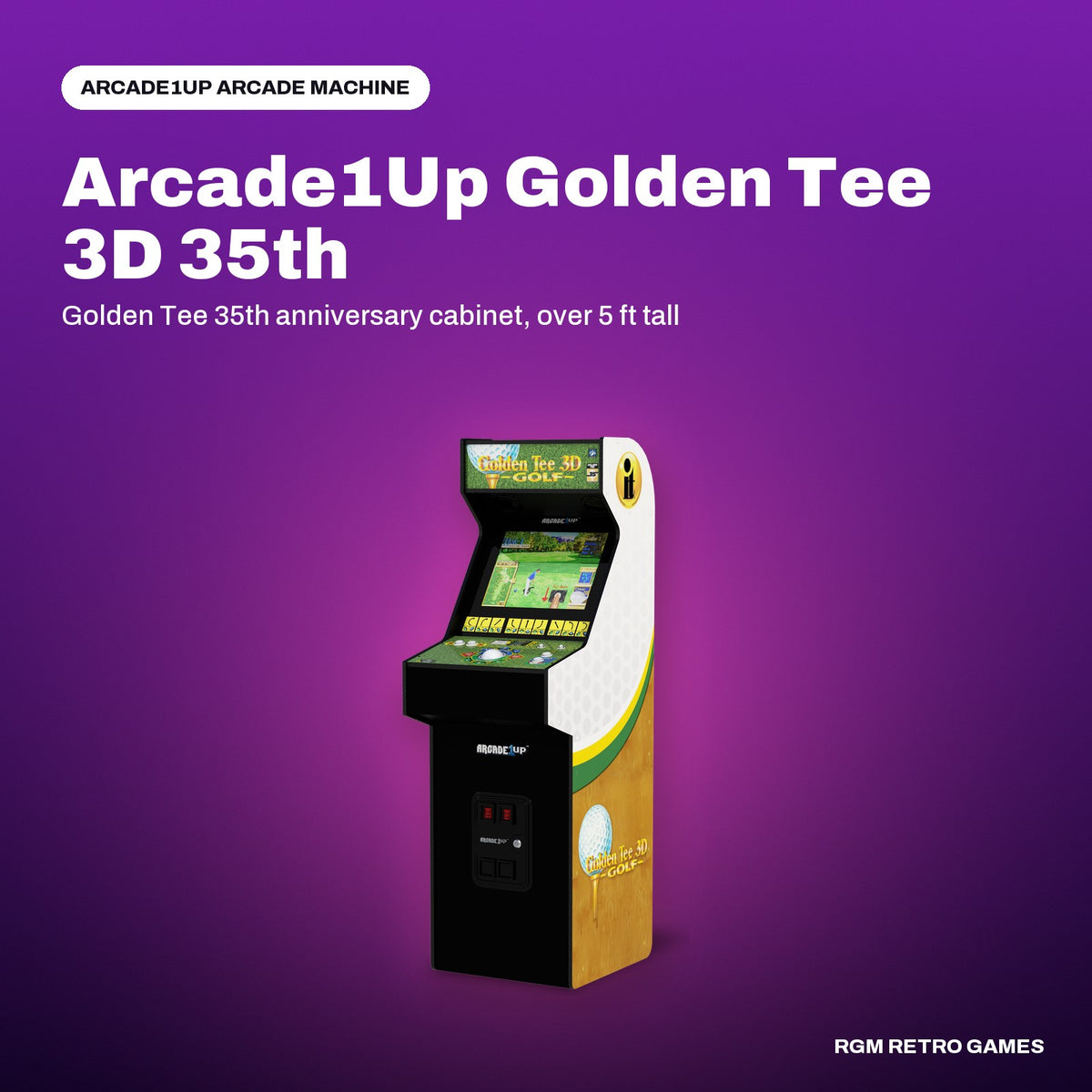 Arcade1Up Golden Tee 3D 35th Anniversary Deluxe Arcade Machine in a Arcade1Up color scene