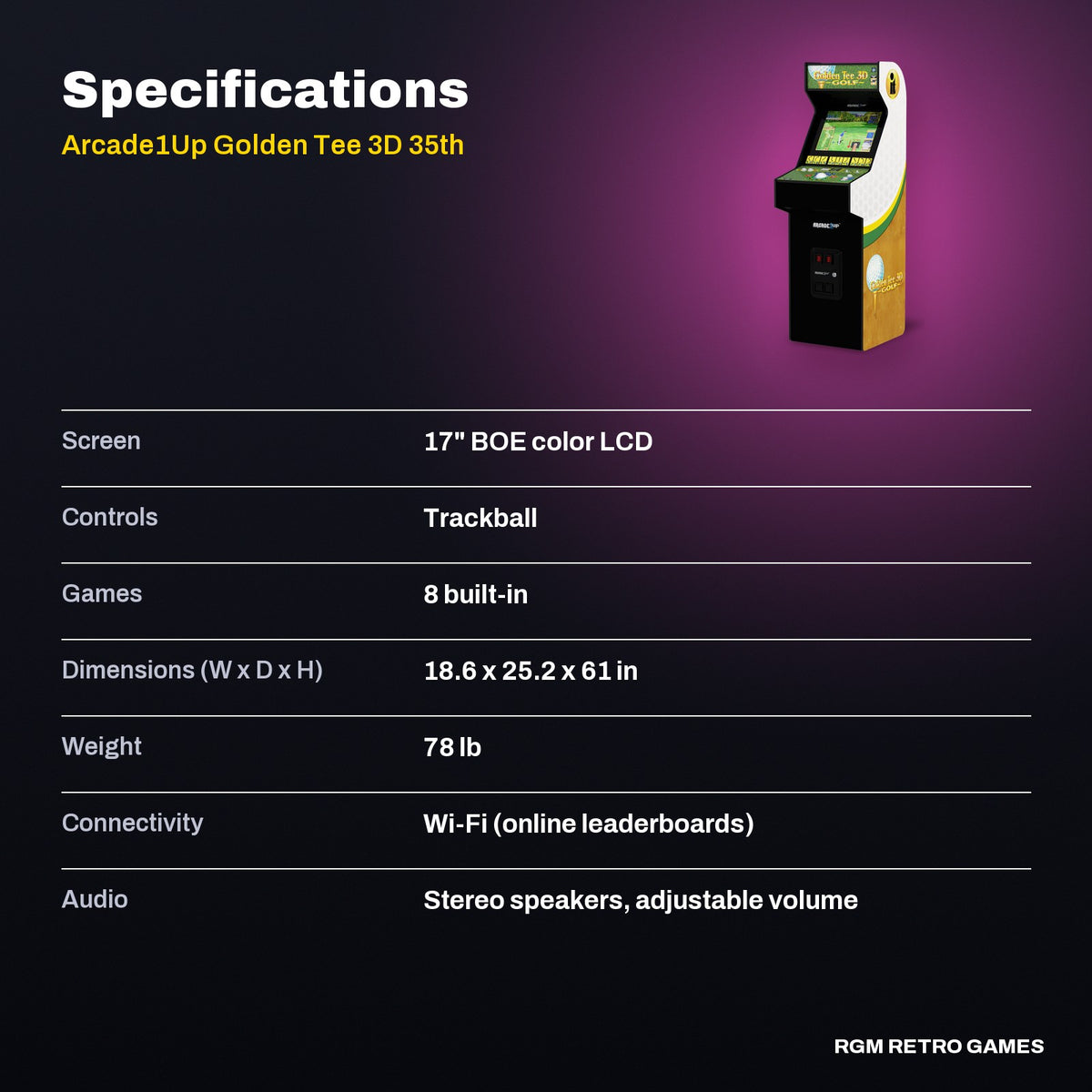 Arcade1Up Golden Tee 3D 35th Anniversary Deluxe Arcade Machine specifications