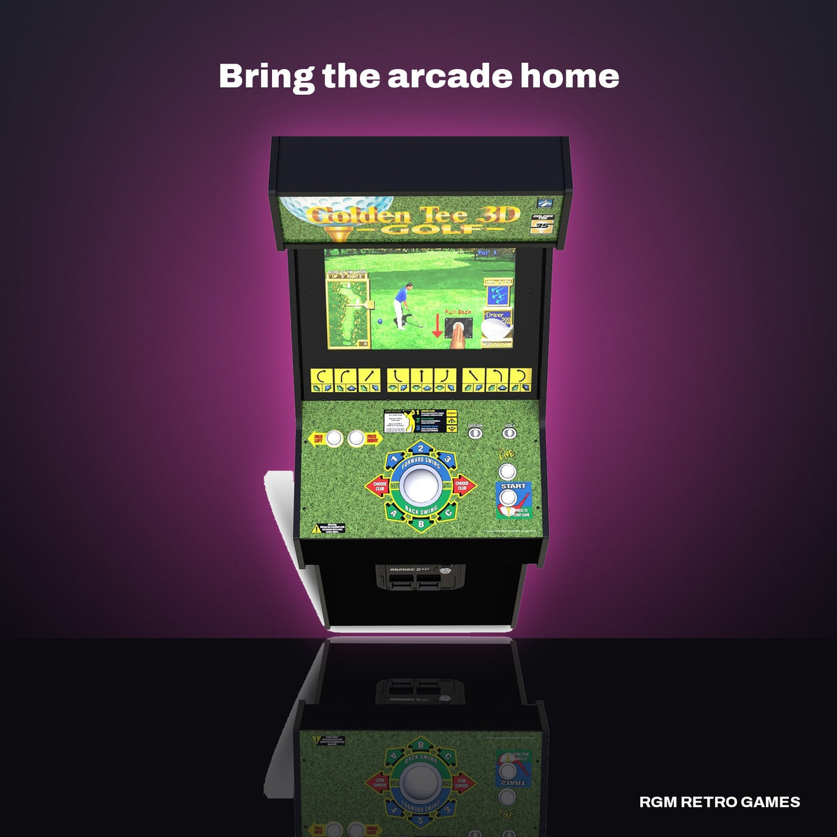 Arcade1Up Golden Tee 3D 35th Anniversary Deluxe Arcade Machine in a dark studio setting