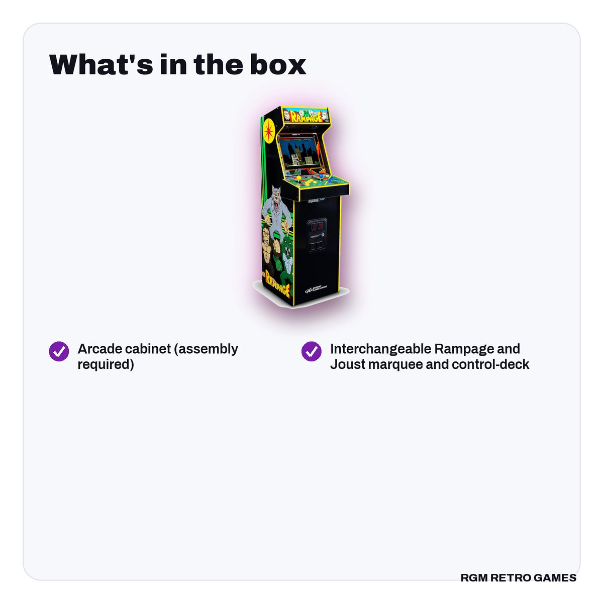 What's in the box with the Arcade1Up Joust & Rampage Deluxe Arcade Machine (14 Midway Games)