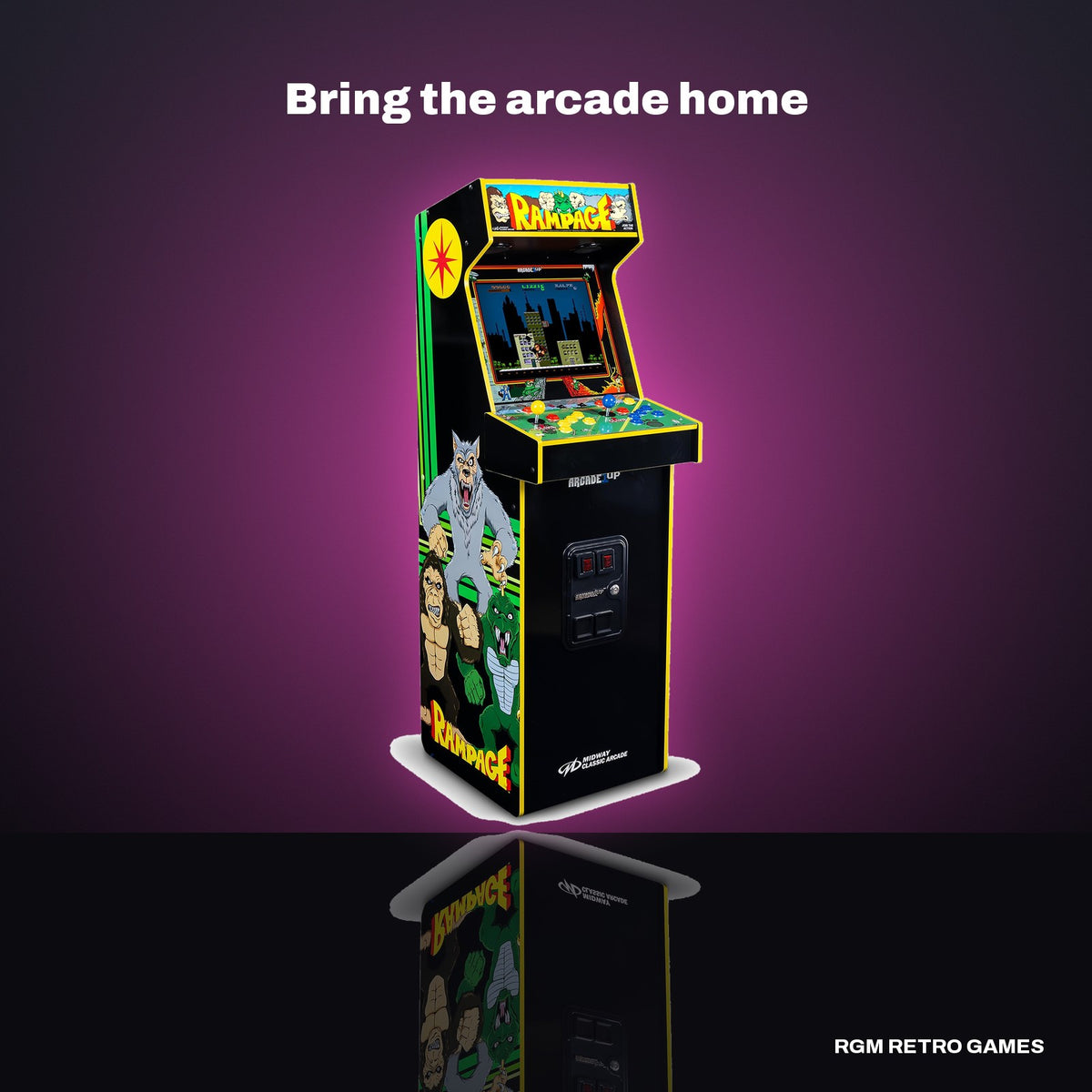 Arcade1Up Joust & Rampage Deluxe Arcade Machine (14 Midway Games) in a dark studio setting