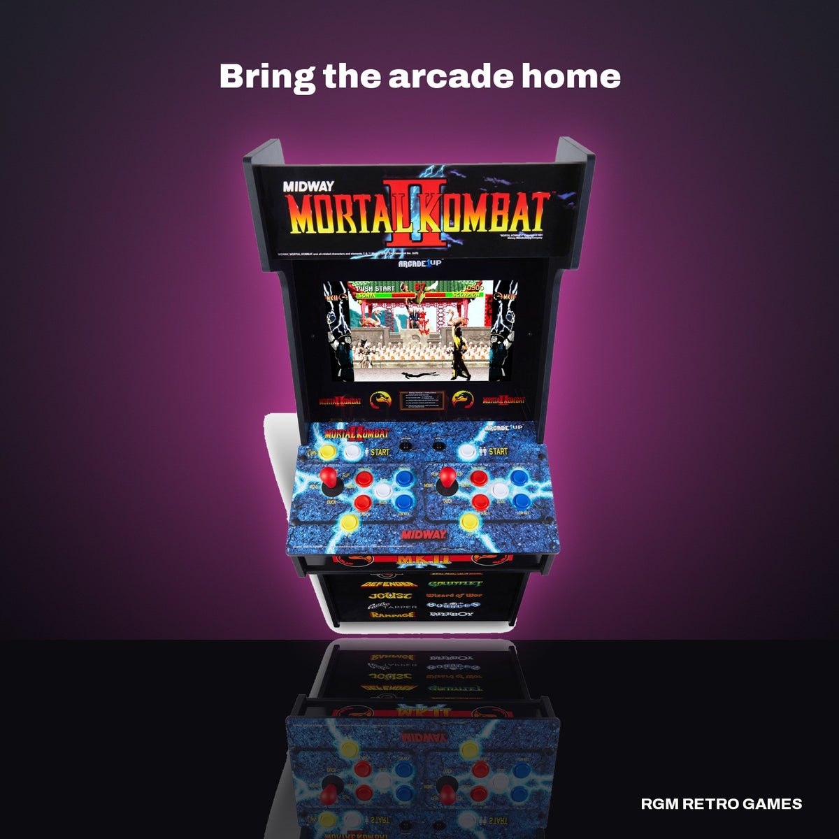 Arcade1Up Mortal Kombat II Classic SE Arcade Machine in a dark studio setting