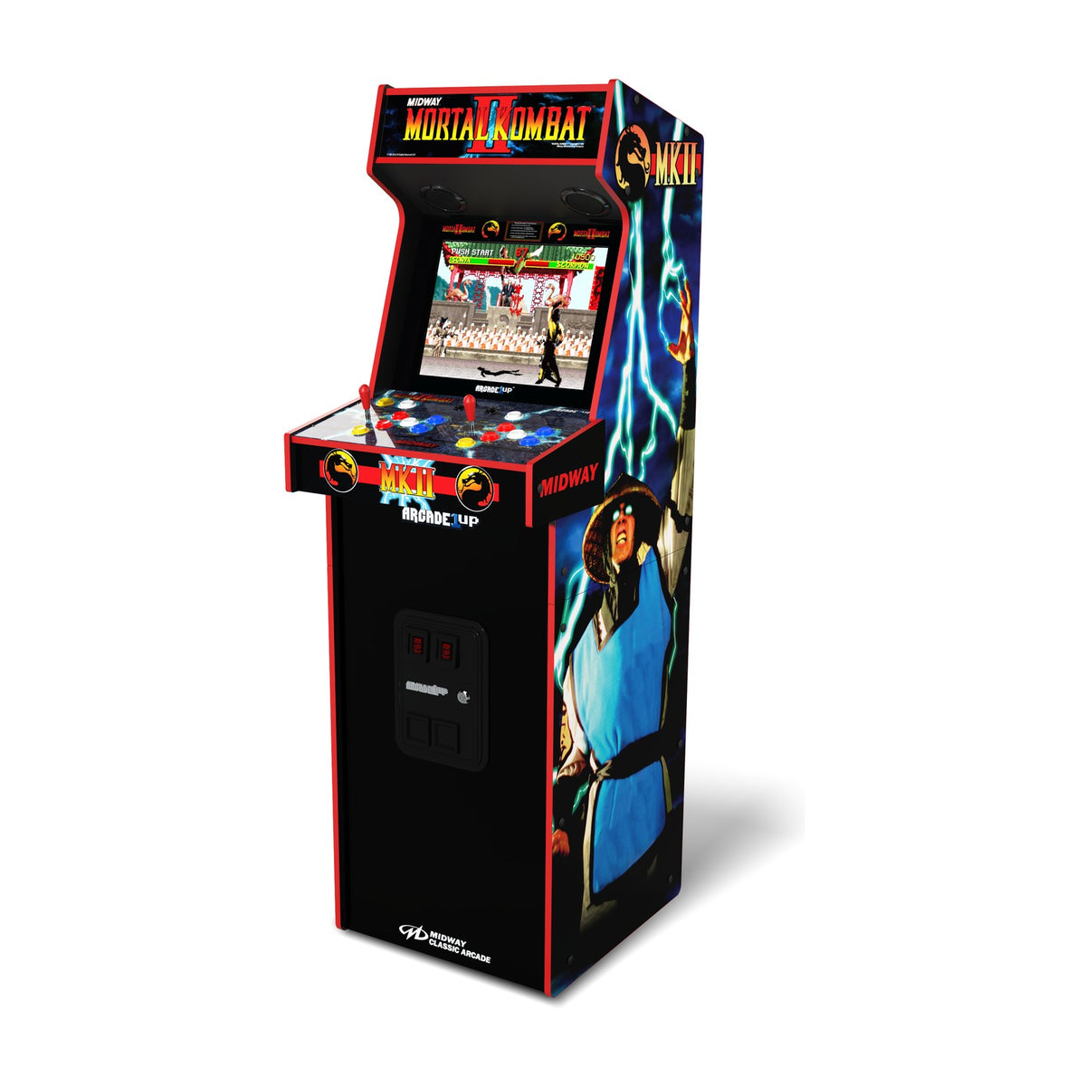 Arcade1Up Mortal Kombat II Deluxe Arcade Machine (14 Games), front view on a white background