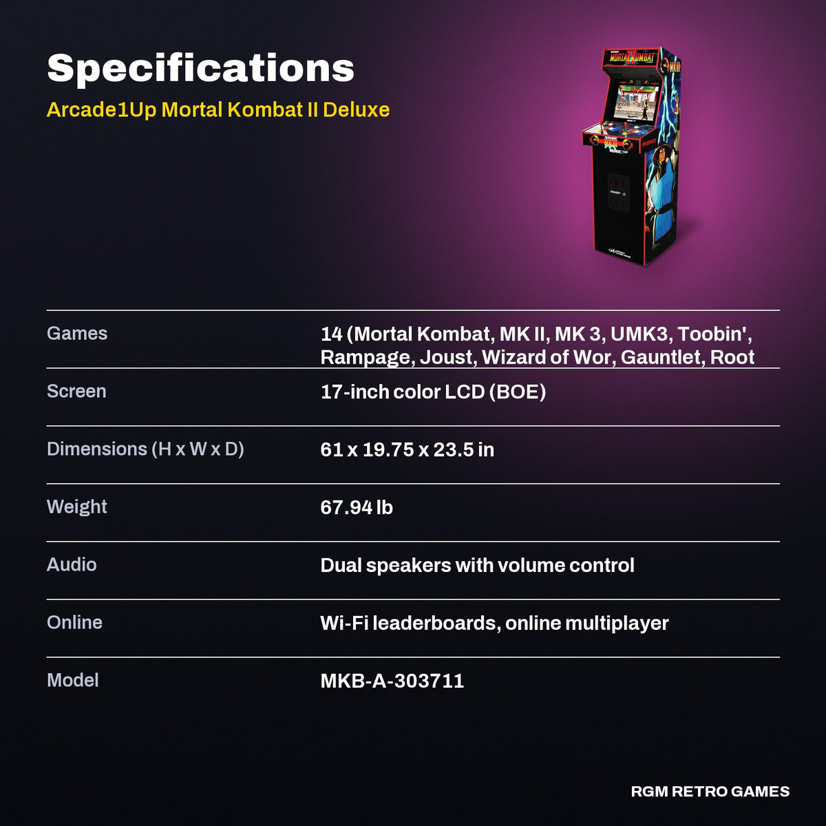 Arcade1Up Mortal Kombat II Deluxe Arcade Machine (14 Games) specifications