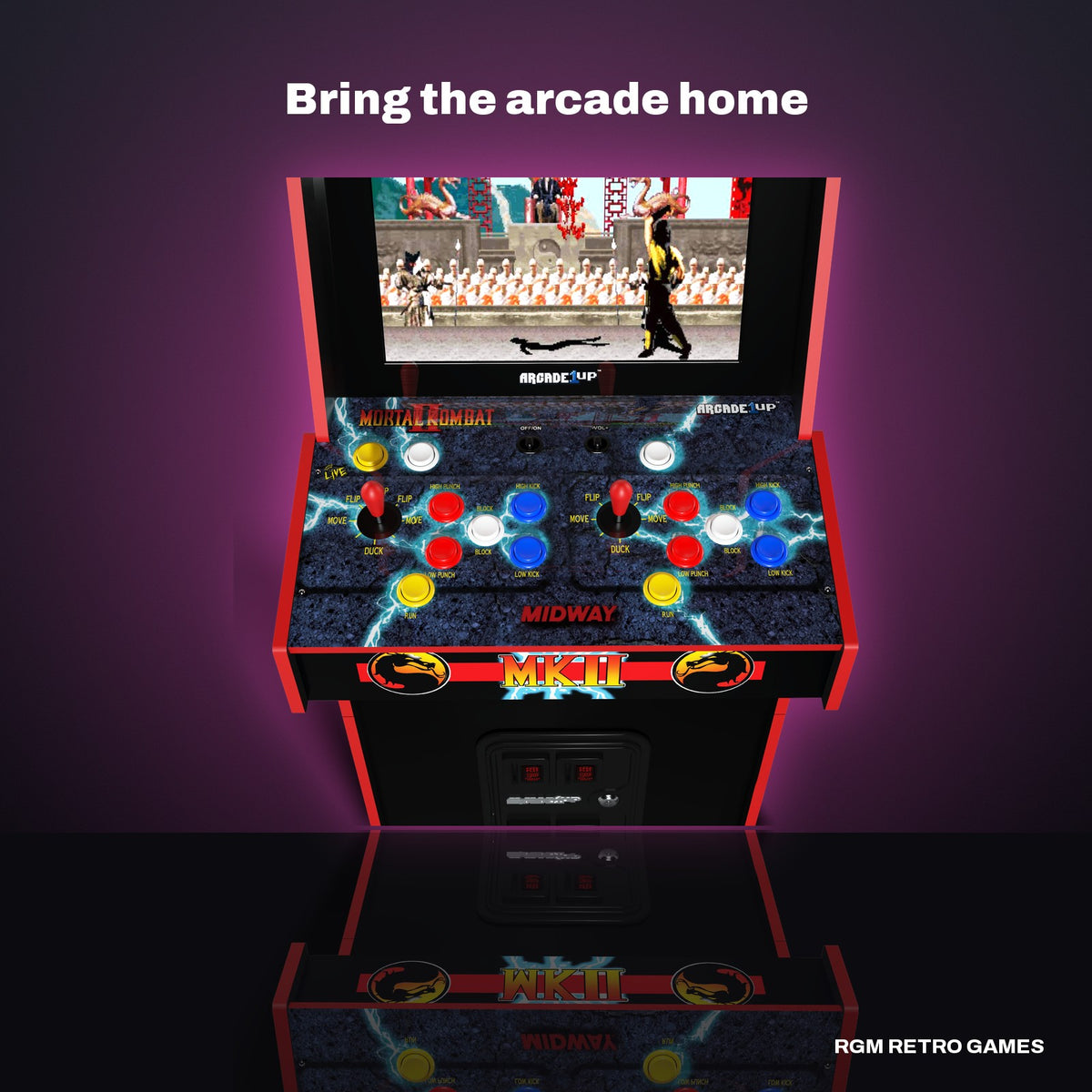 Arcade1Up Mortal Kombat II Deluxe Arcade Machine (14 Games) in a dark studio setting