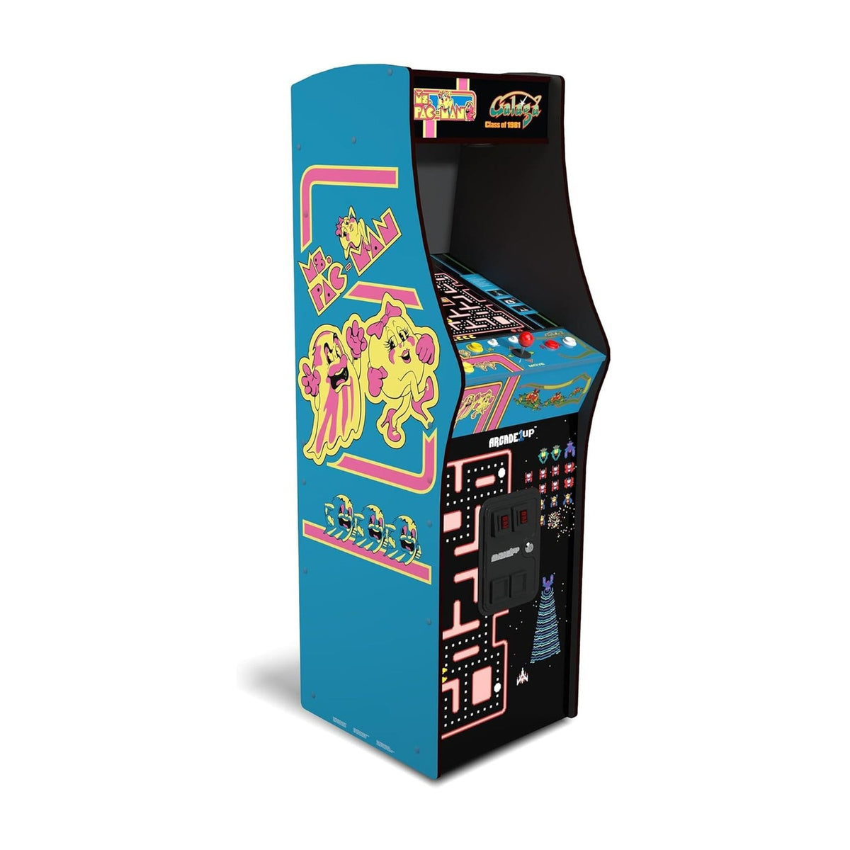 Arcade1Up Ms. PAC-MAN & GALAGA Class of '81 Deluxe Arcade Machine, front view on a white background