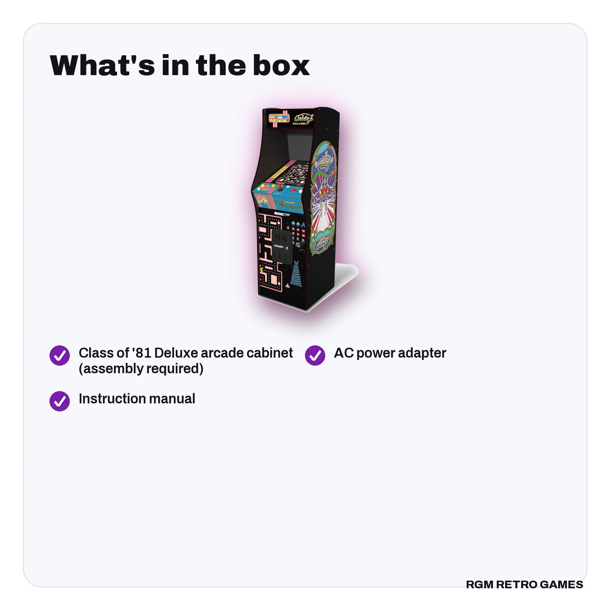 What's in the box with the Arcade1Up Ms. PAC-MAN & GALAGA Class of '81 Deluxe Arcade Machine