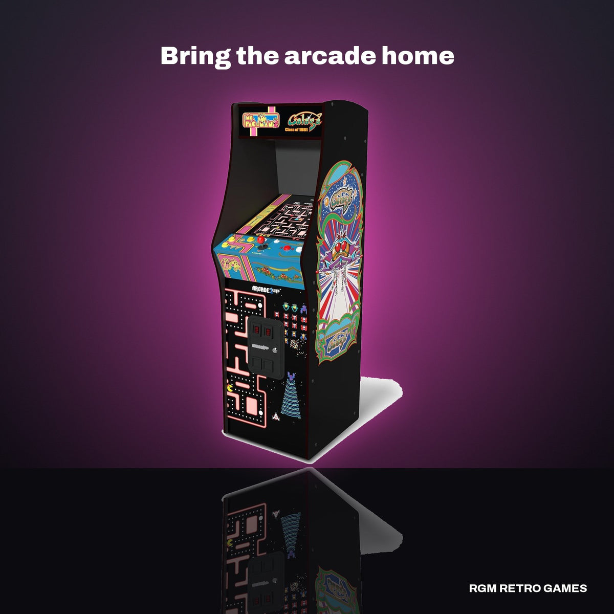Arcade1Up Ms. PAC-MAN & GALAGA Class of '81 Deluxe Arcade Machine in a dark studio setting