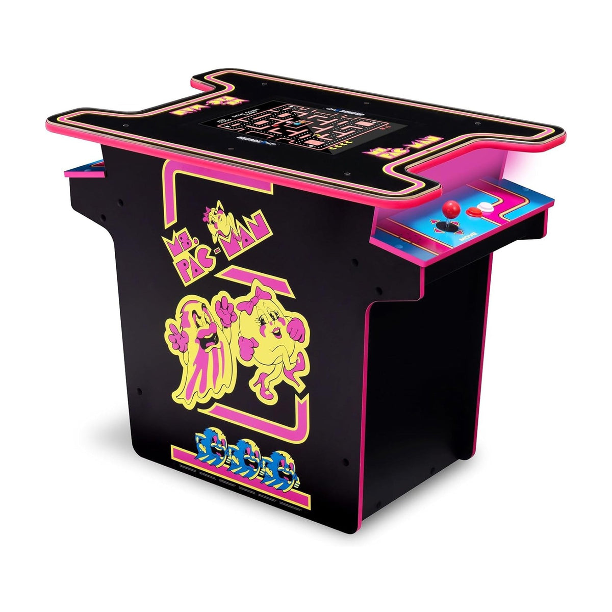 Arcade1Up Ms. PAC-MAN Arcade Cocktail Table, front view on a white background