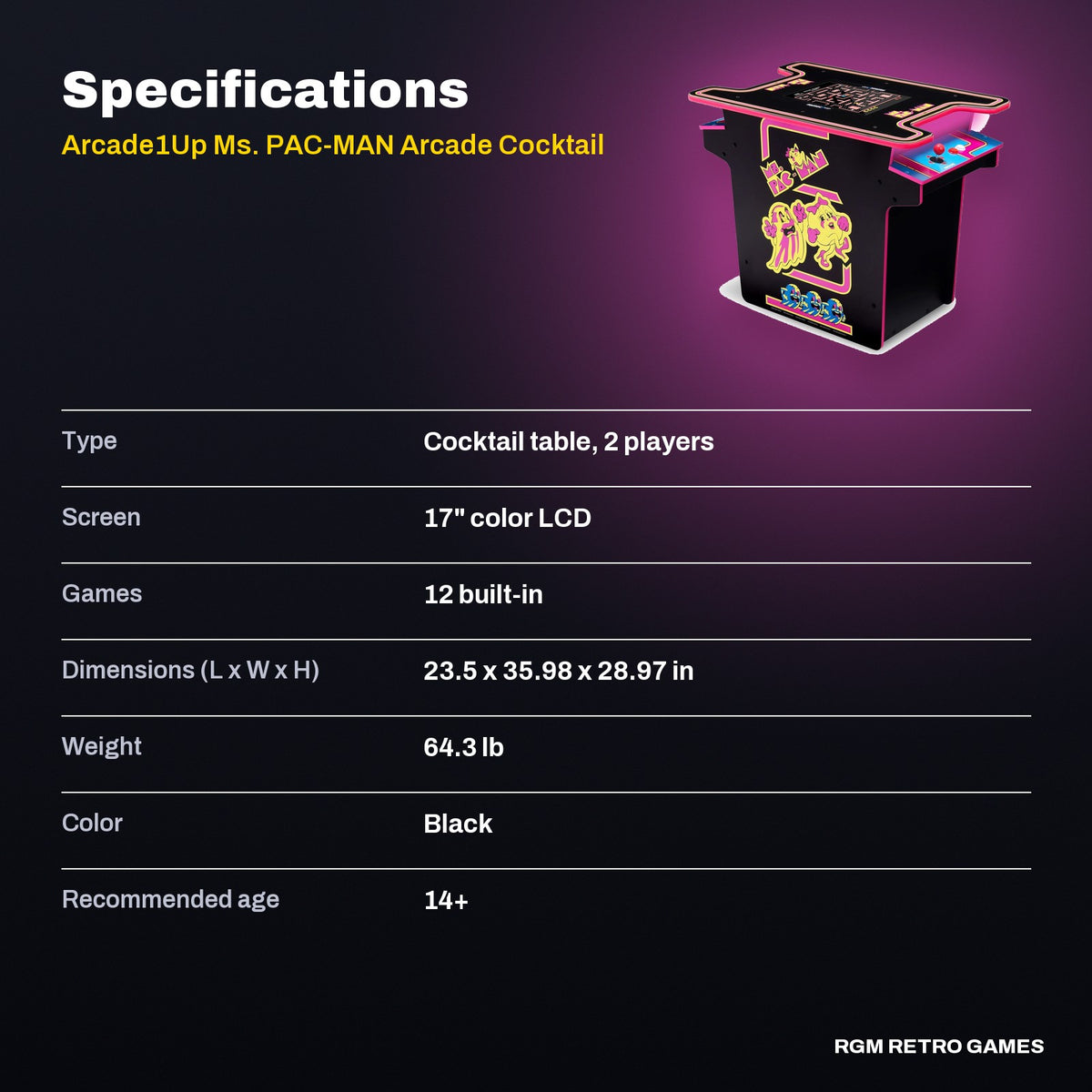 Arcade1Up Ms. PAC-MAN Arcade Cocktail Table specifications